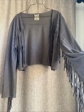 Vocal Gray Suede Fringe Open Jacket